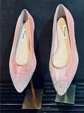 Nina Blush Pink Velvet Pointed Toe Flats with Crystal Accents